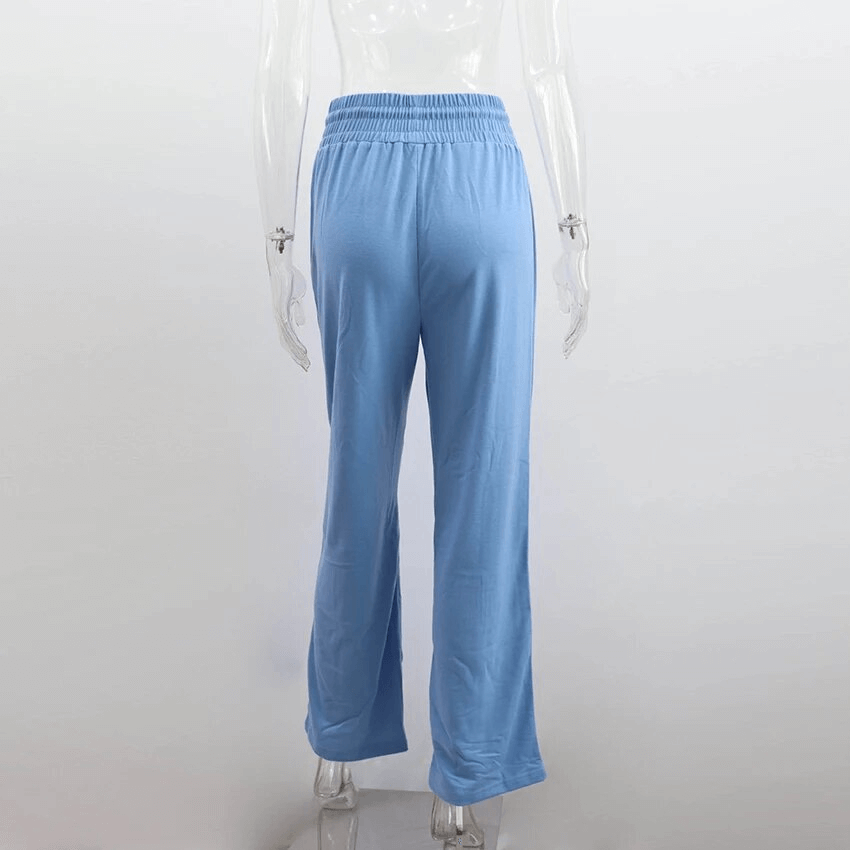 Back view of blue drawstring pleated wide leg straight pants for women, featuring a high waist and relaxed fit.
